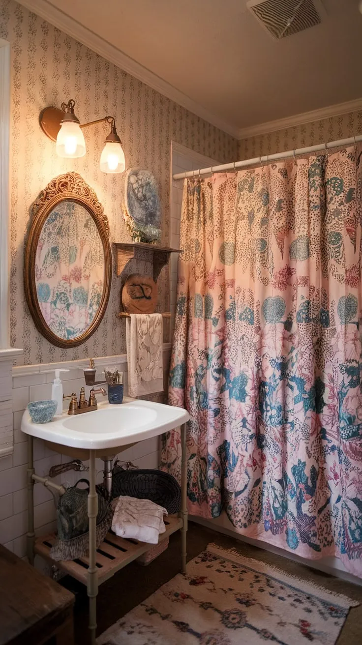 Transforming a dorm bathroom into a personal sanctuary: A floral shower curtain, wooden rack, and carefully chosen decorative items create a charming shabby chic aesthetic. A reminder that style knows no size limits.
