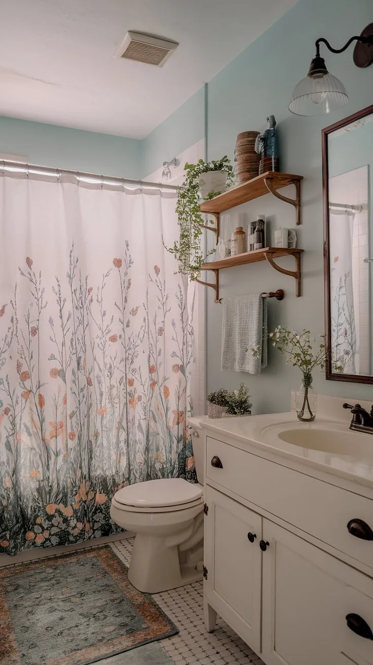 My college apartment bathroom is small, but it's my little shabby chic sanctuary. The floral shower curtain and vintage touches make it feel surprisingly homey, even with the limited space. A perfect blend of rustic charm and practicality.