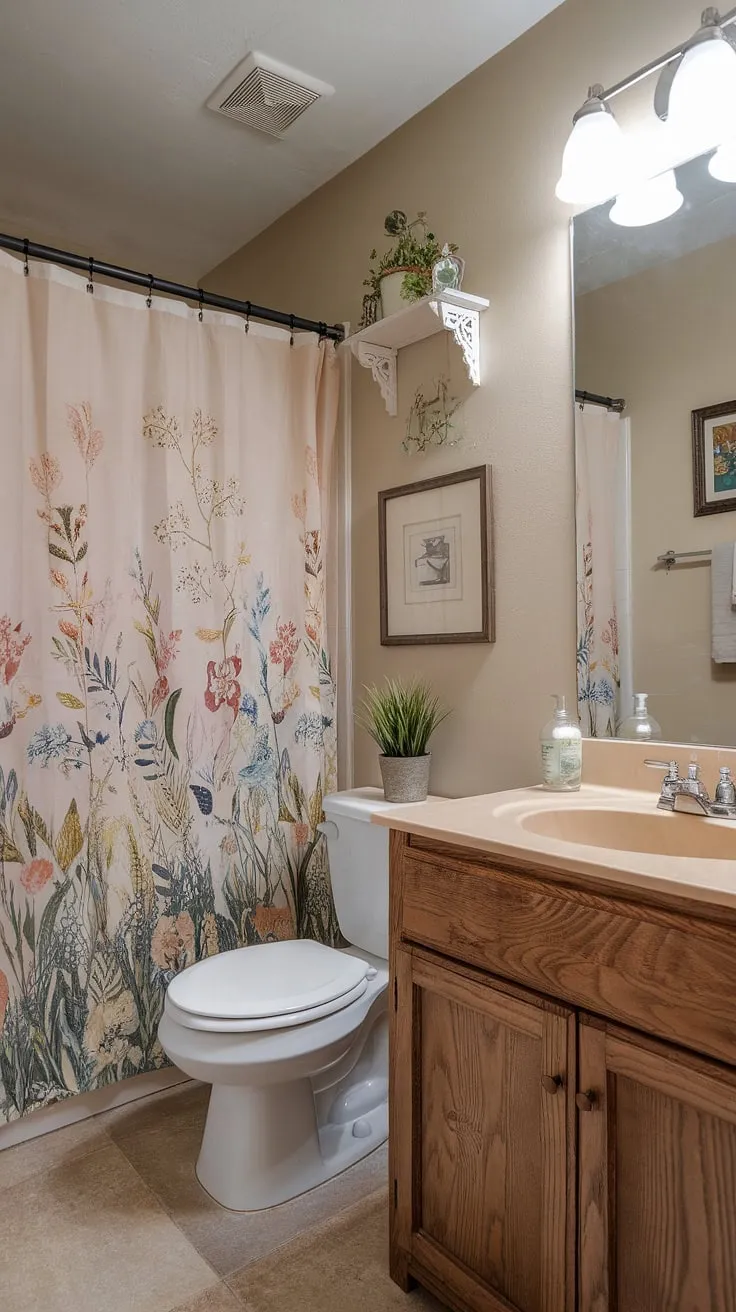 My college apartment bathroom: proof that even a tiny space can be a charming sanctuary. The floral shower curtain adds a touch of whimsy, and the vintage vanity holds all my essentials. A little bit of shabby chic goes a long way.
