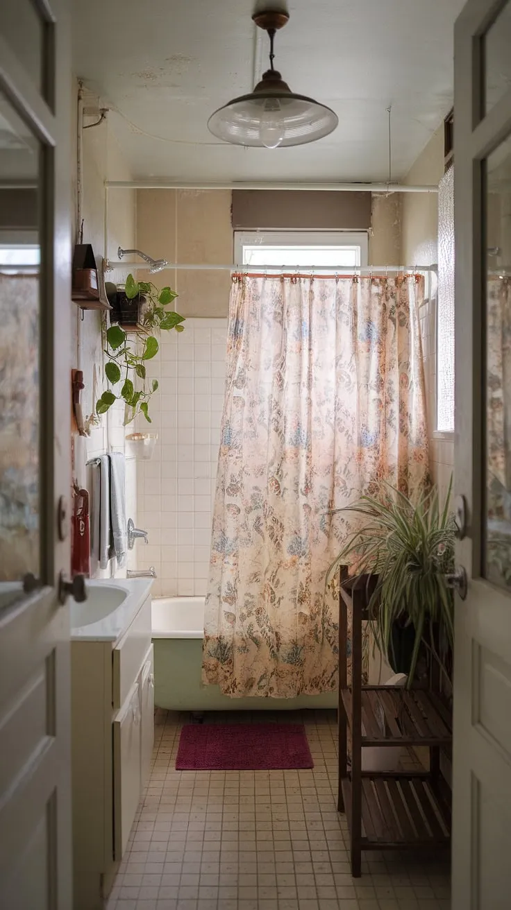 This shabby chic bathroom, with its floral shower curtain and vintage light fixture, proves that even a college apartment can be a stylish sanctuary. The worn walls and tiled floor add character, while the wooden rack and potted plant bring a touch of home. A testament to making the most of what you have.