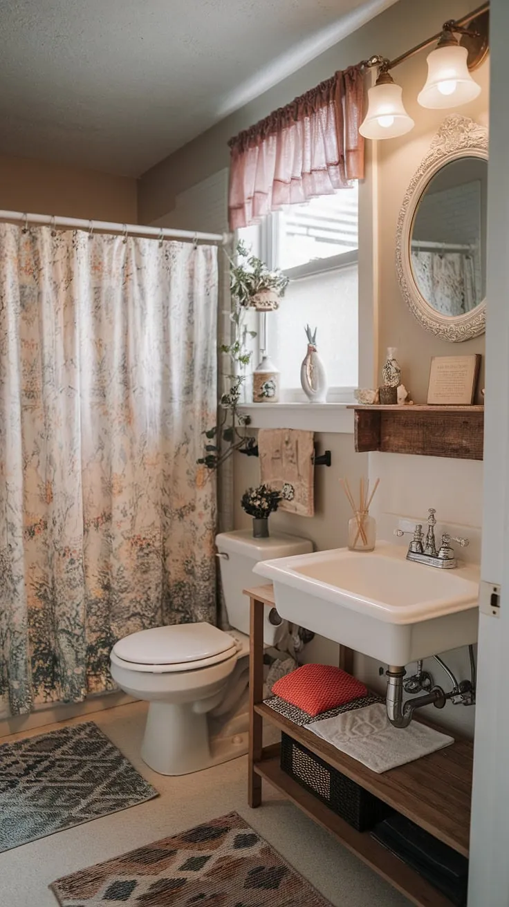 Cozy college bathroom goals achieved! This little space feels so much bigger thanks to the thoughtful touches – a patterned rug, a wooden shelf for storage, and a touch of greenery. A perfect blend of function and charm.