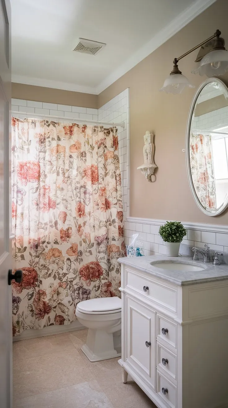 My college apartment bathroom: proof that shabby chic charm and a tiny budget can coexist. The floral shower curtain adds a touch of whimsy, while the marble vanity elevates the space. A little plant life and vintage lighting complete the look. It's small, but it's mine, and I love it.