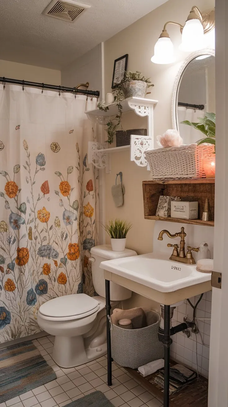 My college apartment bathroom: proof that even a tiny space can feel like a cozy sanctuary. The vintage sink and floral shower curtain add a touch of shabby chic charm, while the rustic wooden shelf provides the perfect spot for my favorite things. A little bit of personality goes a long way.