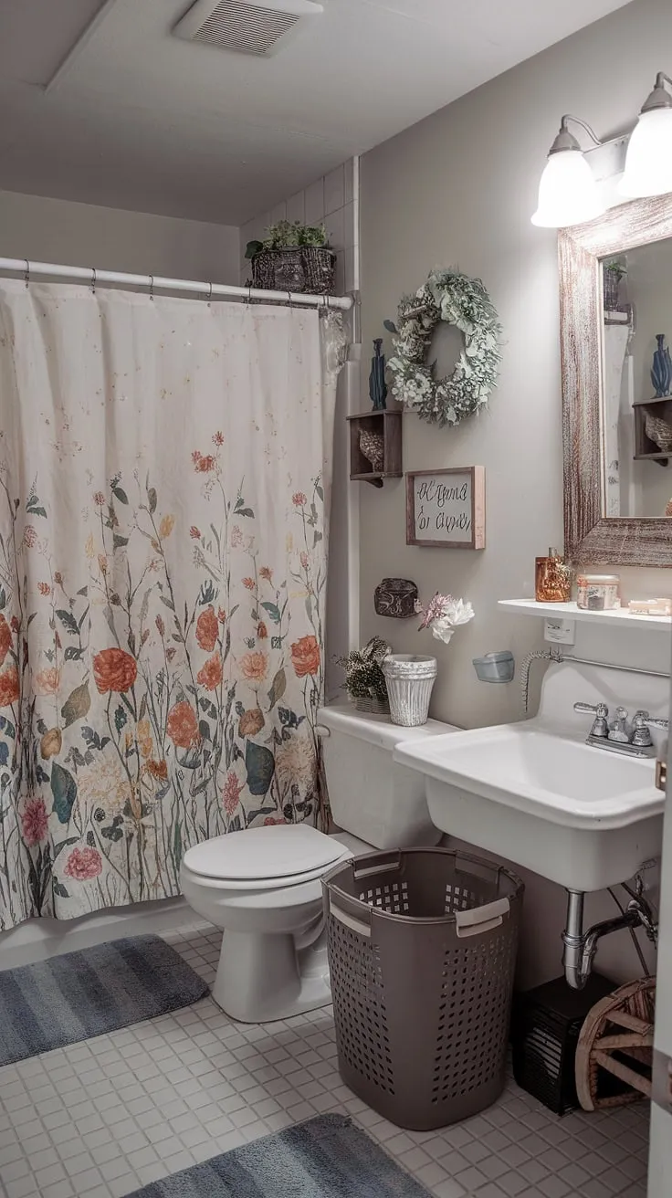 This isn't your average dorm bathroom. A mix of thrifted finds and personal touches have transformed this small space into a haven. The floral shower curtain, vintage sink, and rustic mirror create a unique shabby chic aesthetic that perfectly reflects my style. It's proof that even a college apartment can feel like home.