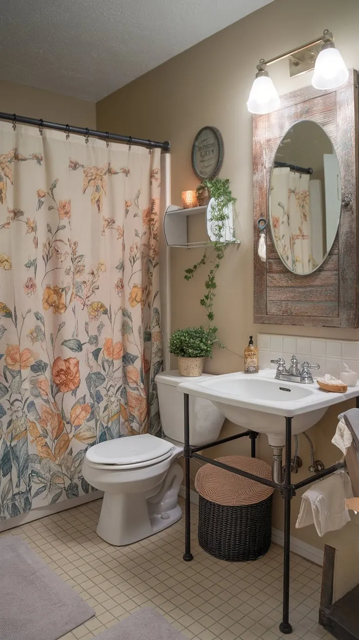 My college apartment bathroom: proof that shabby chic charm can thrive even in a small space. The vintage sink and floral shower curtain add a touch of personality, while the beige tiles and walls create a calming atmosphere. A little bit of greenery and a few carefully chosen decorative items complete the look. It's not perfect, but it's definitely a home.