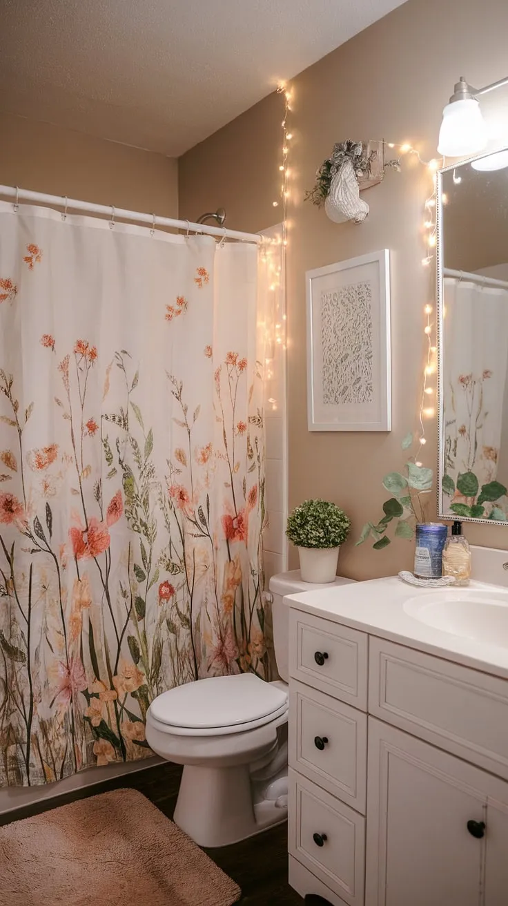 Cozy college apartment vibes: A little shabby chic goes a long way in making this small space feel like home. The floral shower curtain and fairy lights add a touch of whimsy, proving that even a tiny bathroom can be a sanctuary. A testament to the fact that a style doesn't require a large budget.
