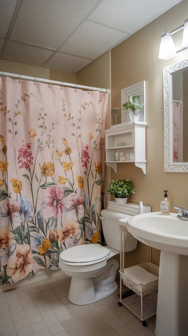 This a charming little dorm bathroom might be compact, but it's surprisingly functional and aesthetically pleasing. I love how the shabby chic details, like the floral shower curtain and small plant, create such a welcoming atmosphere.