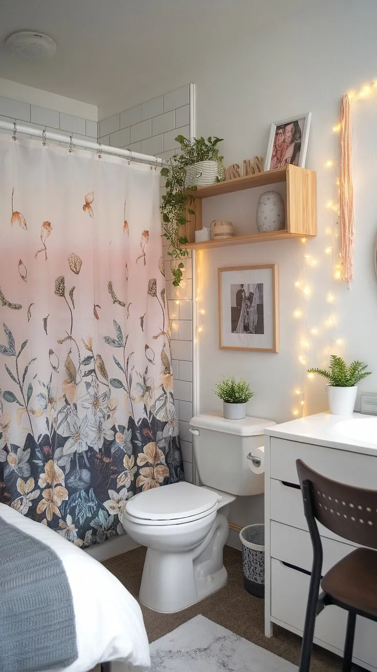 This tiny space feels surprisingly spacious! A well-organized dorm room with a surprisingly stylish shabby chic bathroom, proving that even a small area can be both functional and aesthetically pleasing. A testament to creative dorm room decorating.