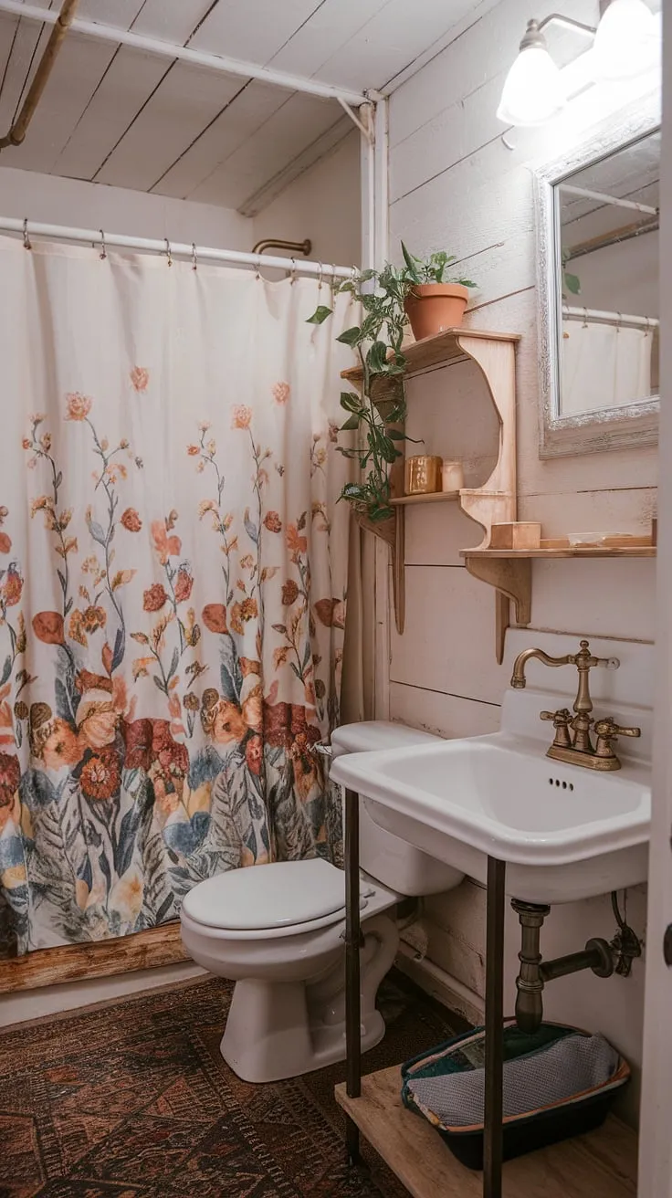 This shabby chic college bathroom proves that charm doesn't need a big budget. A vintage sink, floral shower curtain, and a touch of greenery create a surprisingly sophisticated space. The rustic wooden elements and patterned rug add warmth and personality, making even a small apartment bathroom feel like a sanctuary.