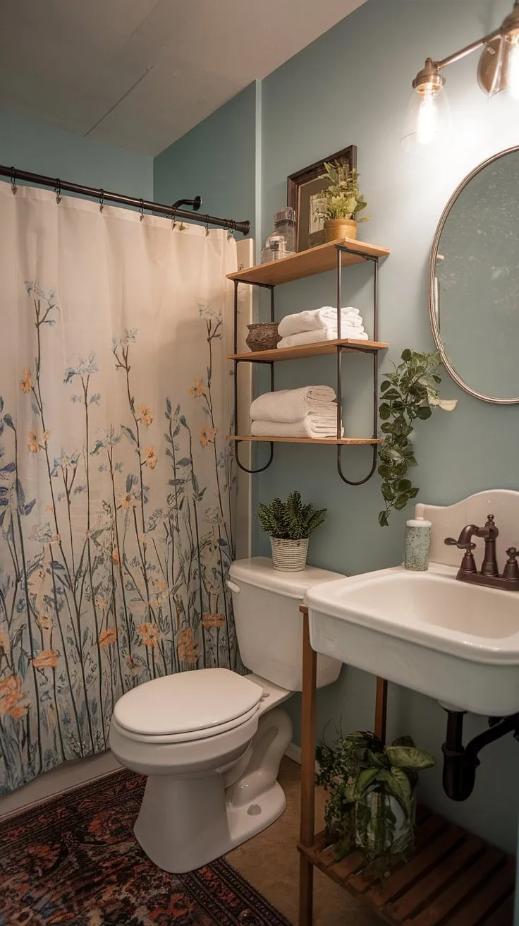 My college apartment bathroom: proof that even a small space can be a sanctuary. The vintage sink and floral shower curtain add a touch of shabby chic charm, while the potted plants and warm lighting create a cozy atmosphere. A testament to making the most of what you have.