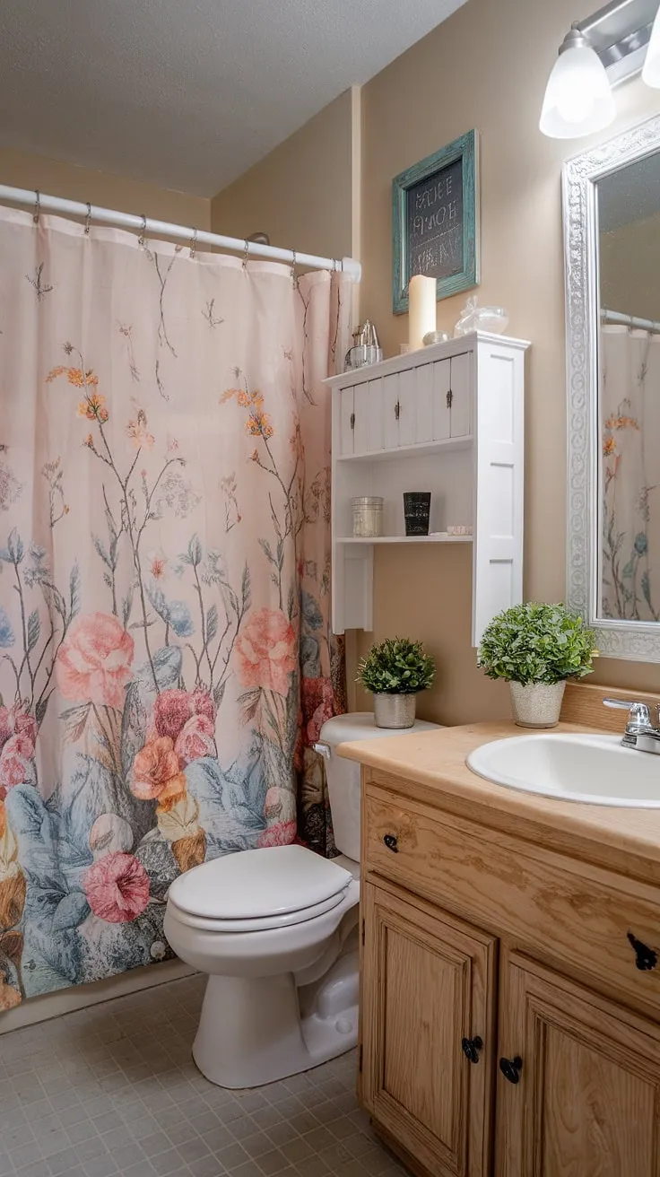 Dorm life just got a whole lot prettier. This shabby chic bathroom proves that even a small space can be a sanctuary, showcasing a blend of vintage charm and modern practicality. A touch of floral, a pop of green, and a whole lot of personality make this tiny retreat feel surprisingly spacious and inviting.