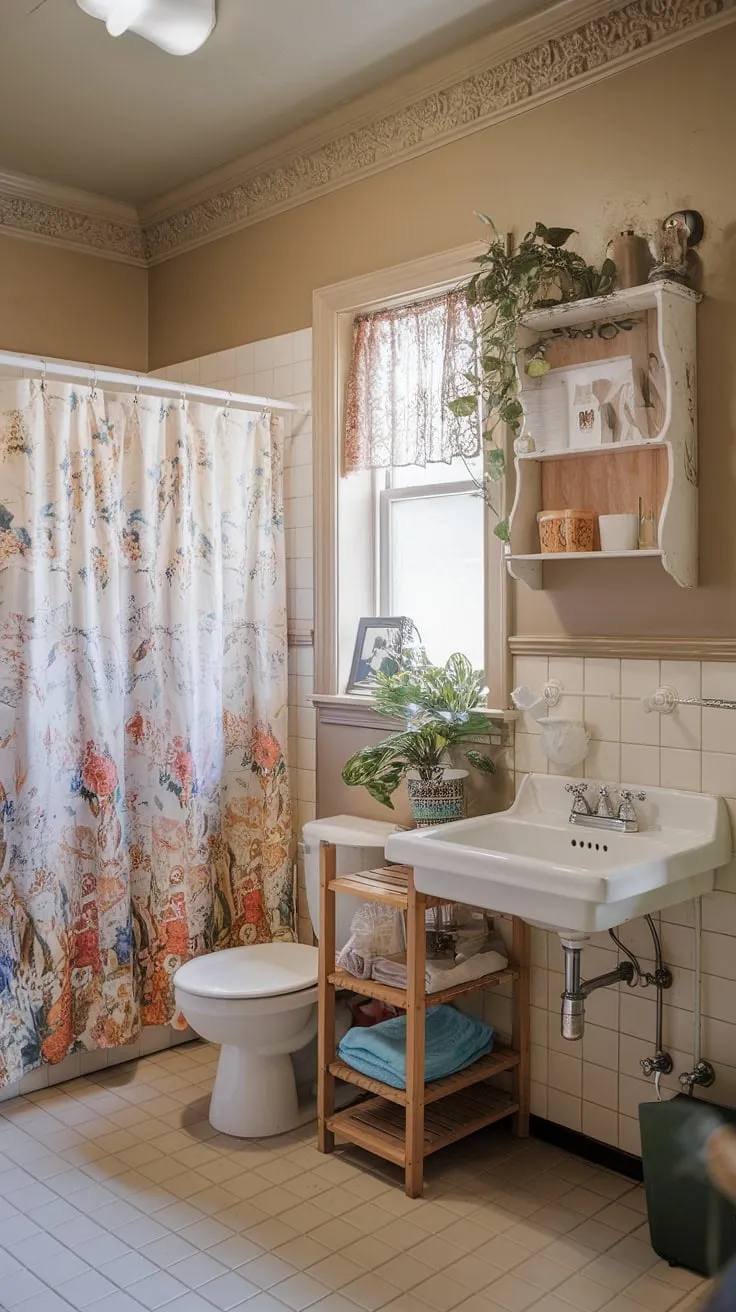 Forget sterile dorm bathrooms! This a is a testament to personal style. The floral shower curtain, wooden shelf, and charming vintage sink create a surprisingly sophisticated and cozy atmosphere. A perfect blend of practicality and pretty.