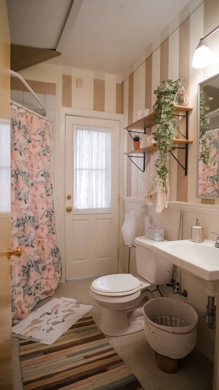 Dorm room chic: A tiny space transformed into a surprisingly stylish sanctuary. The floral shower curtain and patterned rug add a touch of whimsy, while the simple white fixtures and wooden shelf create a sense of calm. A perfect blend of practicality and personality.