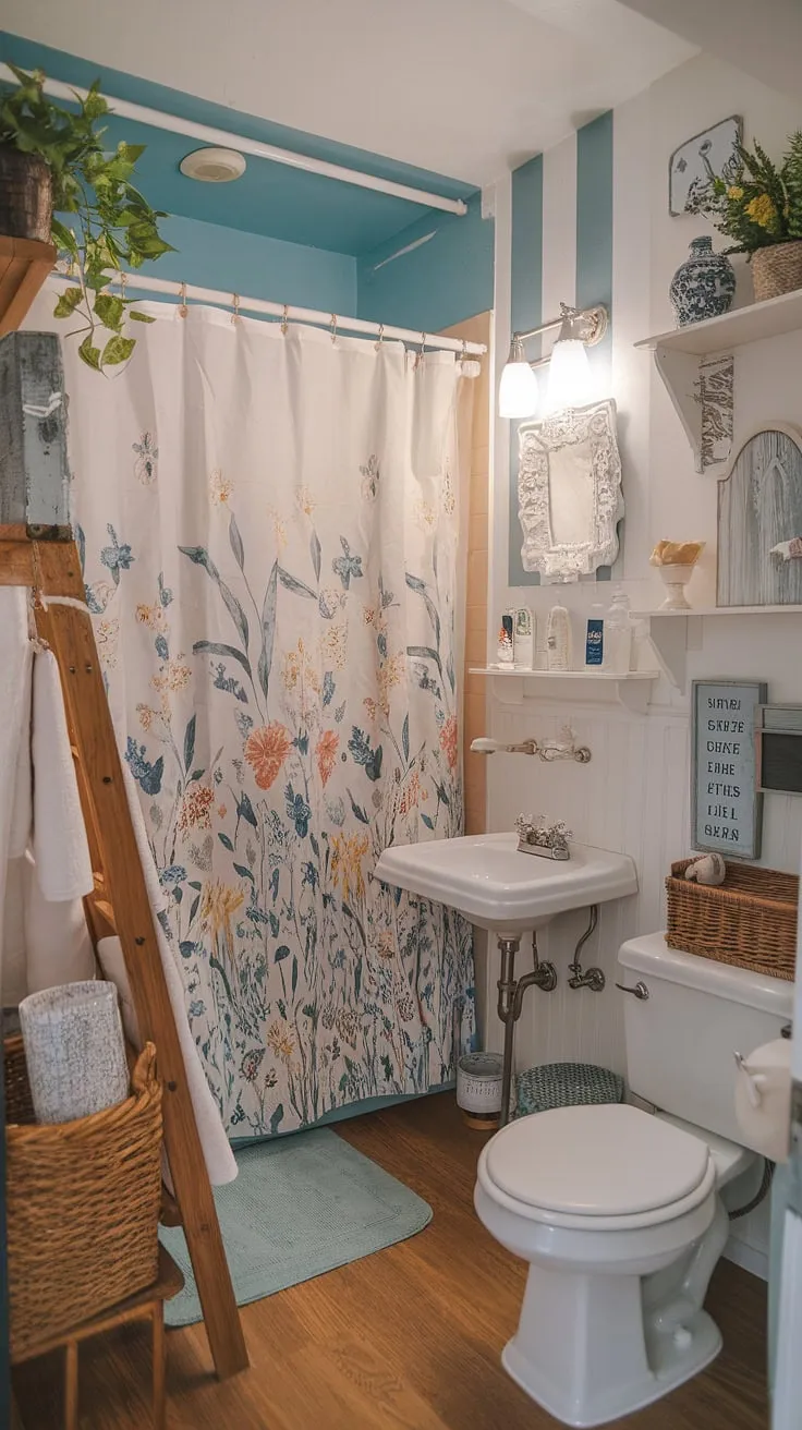 Forget sterile dorm bathrooms! This whimsical space, with its blue and white stripes, vintage sink, and flourishing plant, shows how a touch of shabby chic can transform a small area into a personal sanctuary. The wooden ladder, woven basket, and thoughtful details add to the unique and cozy vibe.