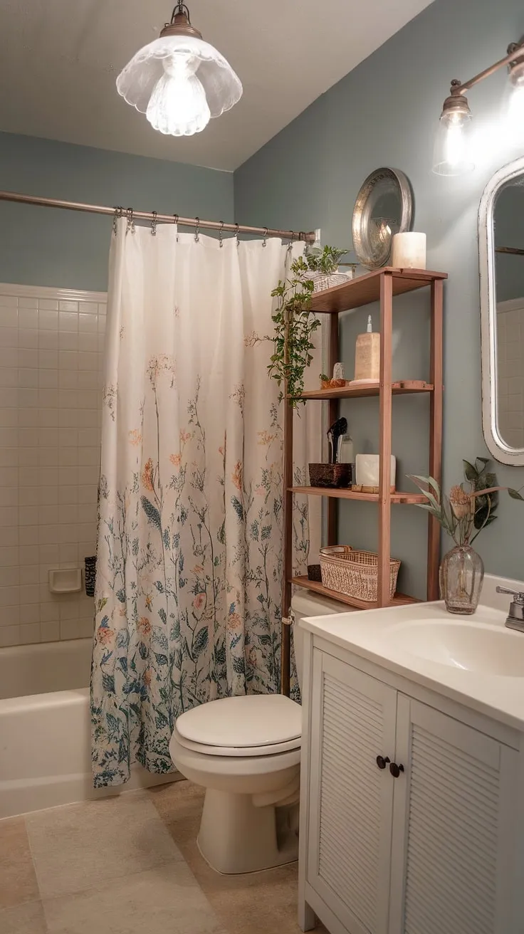 My tiny college bathroom makeover is complete! I'm obsessed with how the soft blue walls and vintage details create such a cozy and inviting atmosphere. Proof that a budget-friendly decor can make a big impact. The floral shower curtain is my absolute favorite.