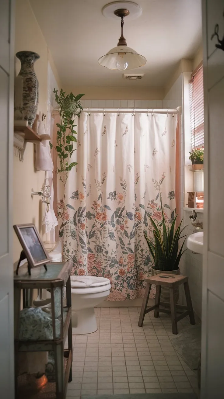 My college apartment bathroom: proof that even a small, shared space can be a personal sanctuary. A floral shower curtain, vintage light fixture, and a few carefully curated details transform this tiny room into a cozy haven. It's all about the little things.