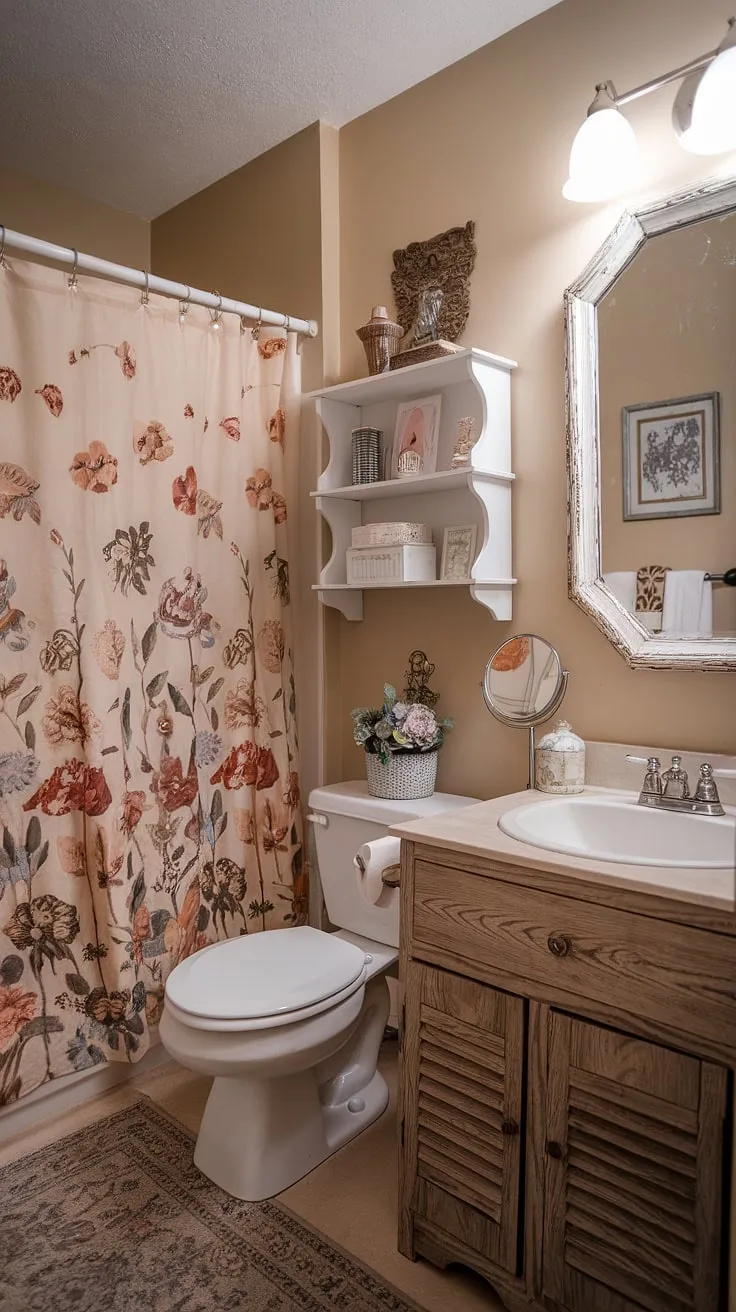 Cozy college apartment bathroom goals achieved! This shabby chic space proves that even a small bathroom can be a stylish and inviting sanctuary. The floral shower curtain adds a touch of whimsy, while the vintage mirror and wooden vanity create a warm, inviting atmosphere. A testament to how a little personality can transform any space.