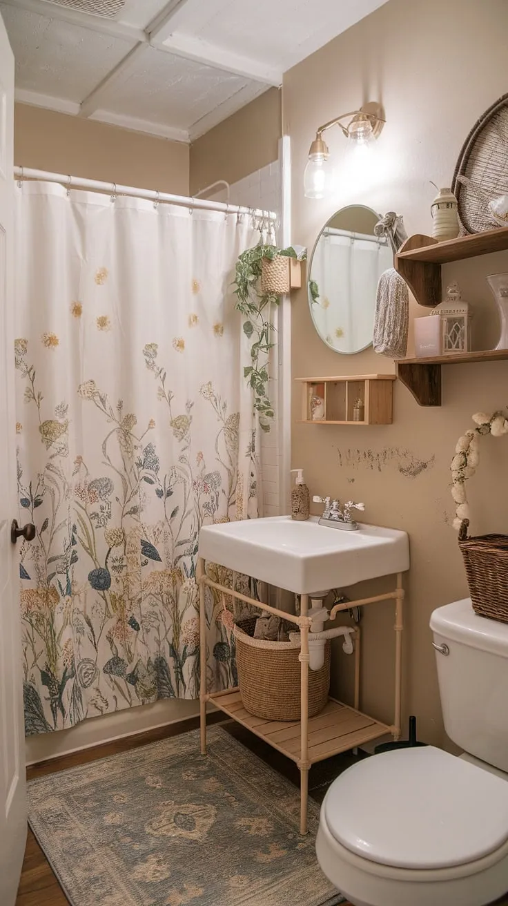 This shabby chic college bathroom proves that even a small space can be a haven of personality. The vintage sink, floral shower curtain, and carefully chosen accents create a charming atmosphere, proving that style doesn't require a large budget. A testament to resourceful decorating and a love for all things vintage.