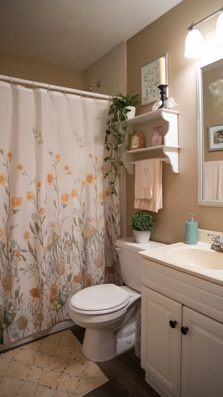 Cozy college apartment vibes. This little bathroom proves that even a shared space can feel personal and inviting with a touch of shabby chic charm. The floral shower curtain and cream rug add warmth, while the small shelf with its carefully chosen items creates a sense of calm amidst the busy college life.