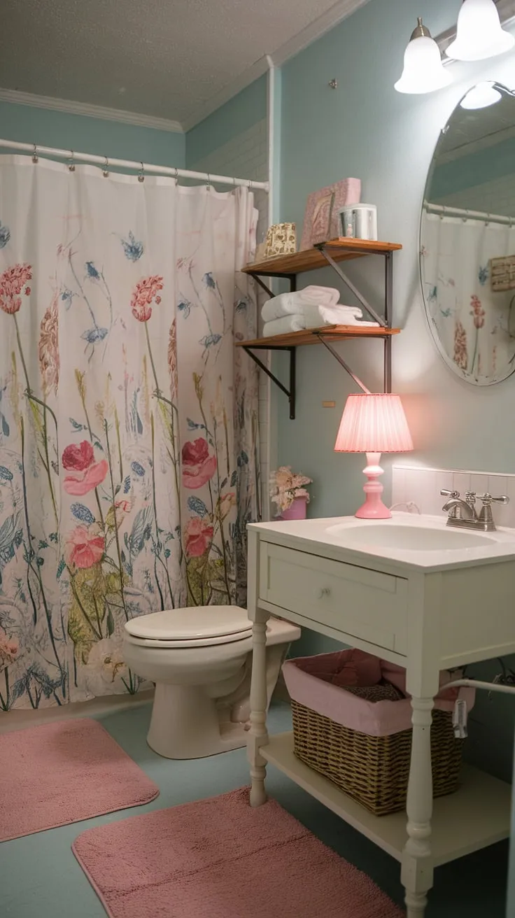 My tiny college bathroom, transformed into a shabby chic sanctuary. The floral shower curtain and pink accents add a touch of whimsy to this surprisingly spacious a area.