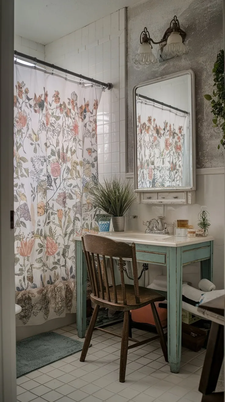 This little vintage haven is my sanctuary. A rustic wooden chair, a floral shower curtain, and a well-loved vanity create the perfect atmosphere for a relaxing bath. It's not fancy, but it's entirely mine.
