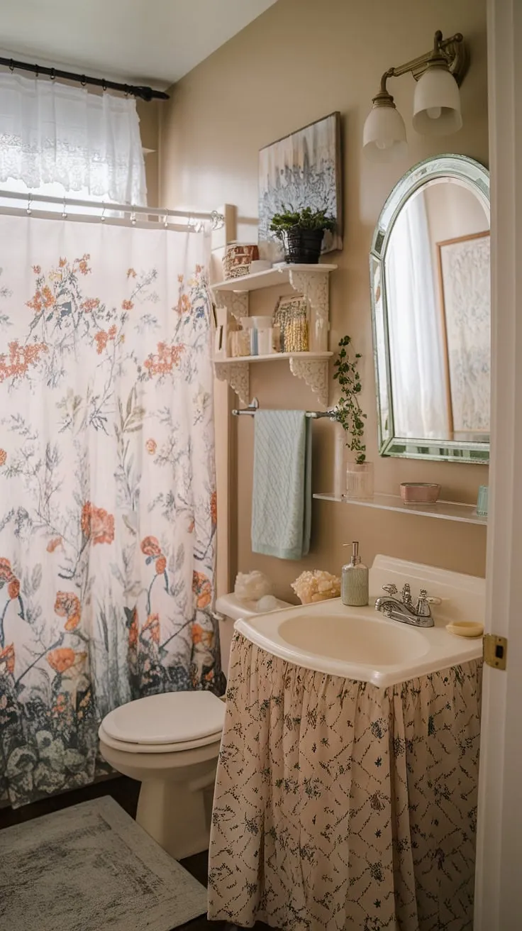 My college apartment bathroom: proof that even a tiny space can be a sanctuary. The vintage sink and floral shower curtain add a touch of shabby chic charm, making even the most mundane morning routine feel a little more special. A little bit of personality goes a long way.