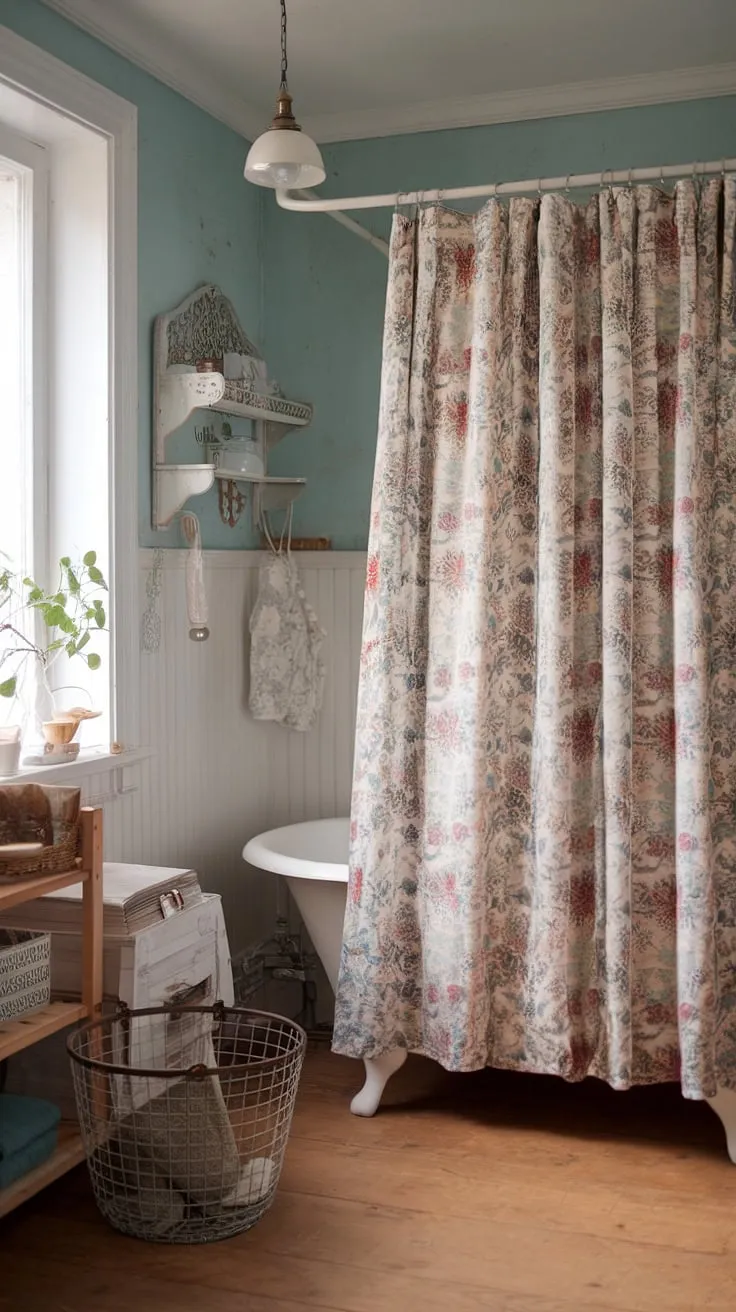 Step into a sanctuary of shabby chic charm, where vintage details and floral flourishes create a calming oasis. The soft blue walls, wooden floors, and a touch of greenery complete this tranquil bathroom escape. A perfect blend of old-world elegance and modern comfort.