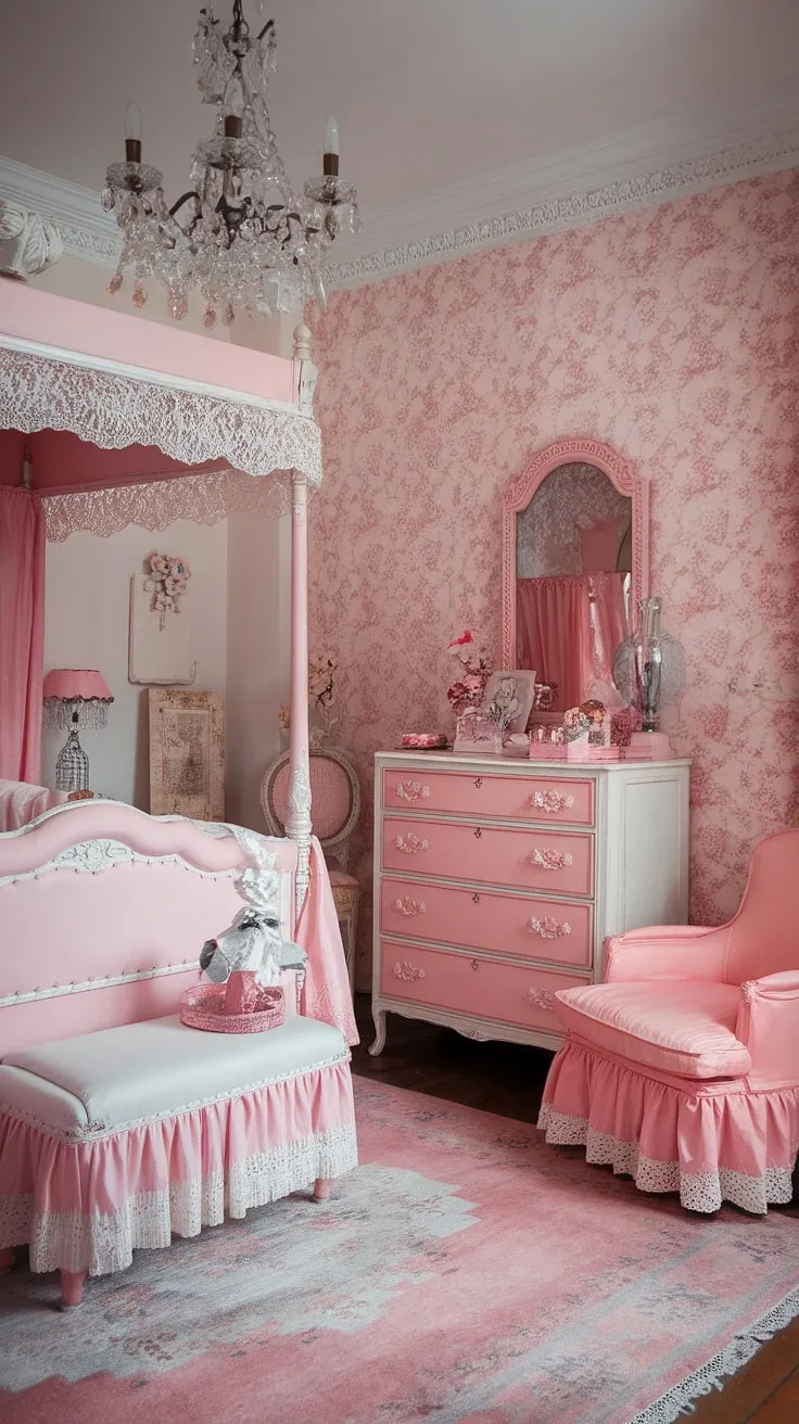 Lost in the loveliness of this vintage bedroom. The pink and white color palette, combined with the delicate lace accents and charming furniture, evokes a sense of timeless elegance. Every detail, from the canopy bed to the ornate dresser, whispers stories of bygone eras. A truly captivating space.