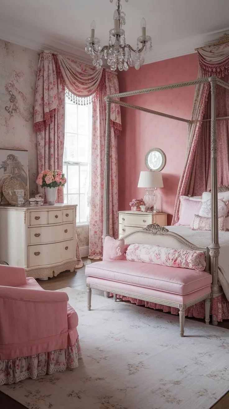 Step into a dream: This shabby chic regency bedroom, painted in soft pinks and whites, whispers tales of old-world romance. The antique furniture, delicate lace, and floral patterns create an atmosphere of unparalleled femininity. A truly enchanting space.