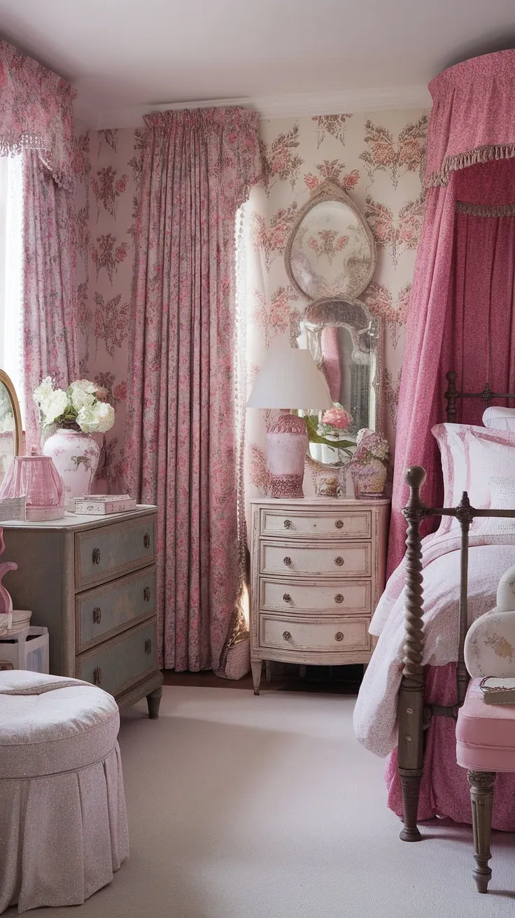 Lost in the whispers of a bygone era, this shabby chic bedroom transports you to a Regency-inspired haven. The soft pink and white palette, adorned with delicate floral wallpaper, creates a feminine sanctuary. Vintage furniture, including a charming dresser and a graceful spindle-leg bed, adds to the room's undeniable charm and romantic appeal. A perfect blend of old-world elegance and modern comfort. A