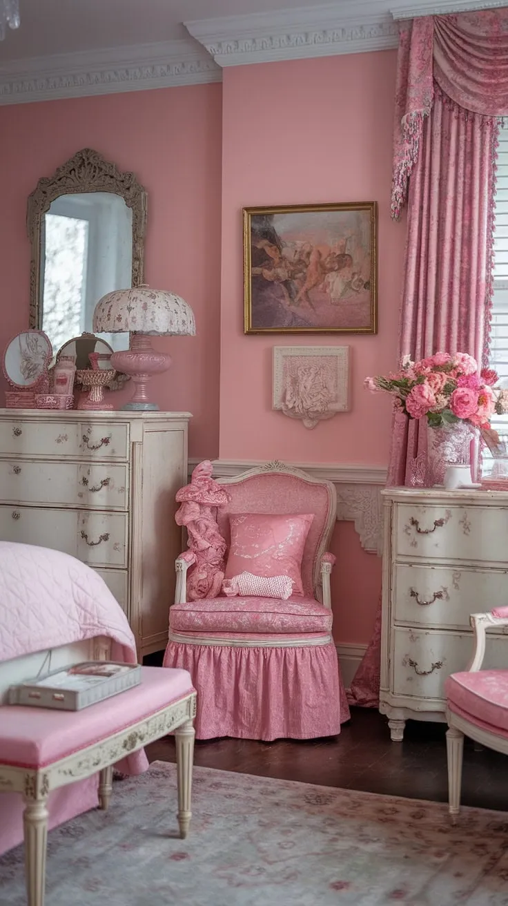 Step into a dream: This shabby chic bedroom, with its regency-era charm and delicate pink hues, whispers tales of old-world elegance. The vintage furniture, ornate mirror, and carefully curated details create a space that's both feminine and utterly captivating. A haven of tranquility, it's a perfect blend of history and modern comfort.