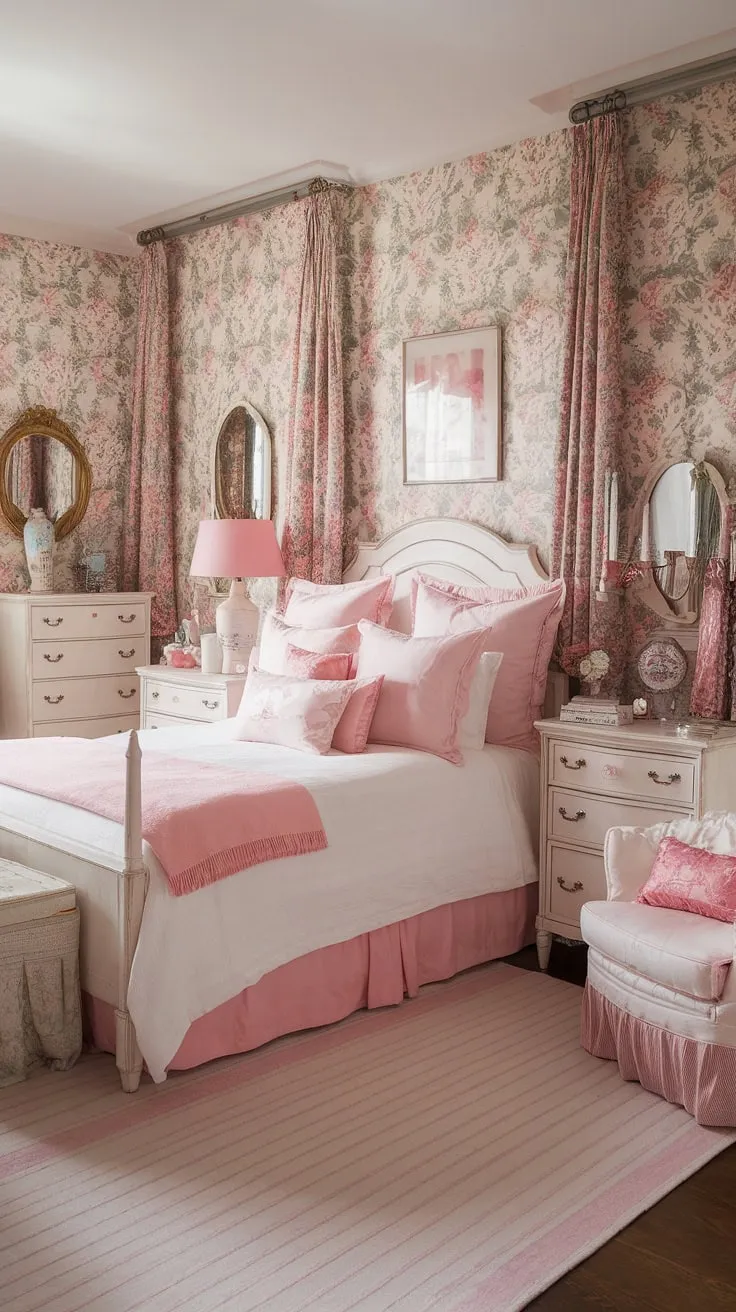 Step into a world of vintage charm and delicate details. This shabby chic bedroom, with its floral wallpaper and soft pink accents, is a haven of tranquility and understated elegance. The whitewashed furniture and delicate accessories create a space that's both inviting and effortlessly stylish.