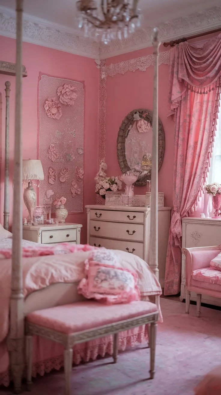 Lost in the elegance of a bygone era. This shabby chic bedroom, painted in soft pinks and adorned with antique furniture, evokes the romantic spirit of the Regency period. A delicate balance of vintage charm and modern comfort, it's a sanctuary of feminine grace, where every detail whispers a story. A place to unwind and rediscover inner peace.