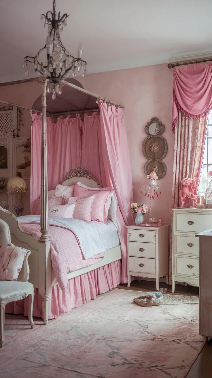Lost in the dreamy details of this vintage-inspired bedroom. The pale pink walls, the antique furniture, and the delicate pink and white color scheme create a space that's both romantic and utterly captivating. A perfect retreat for quiet contemplation and sweet dreams. A testament to the enduring beauty of shabby chic.
