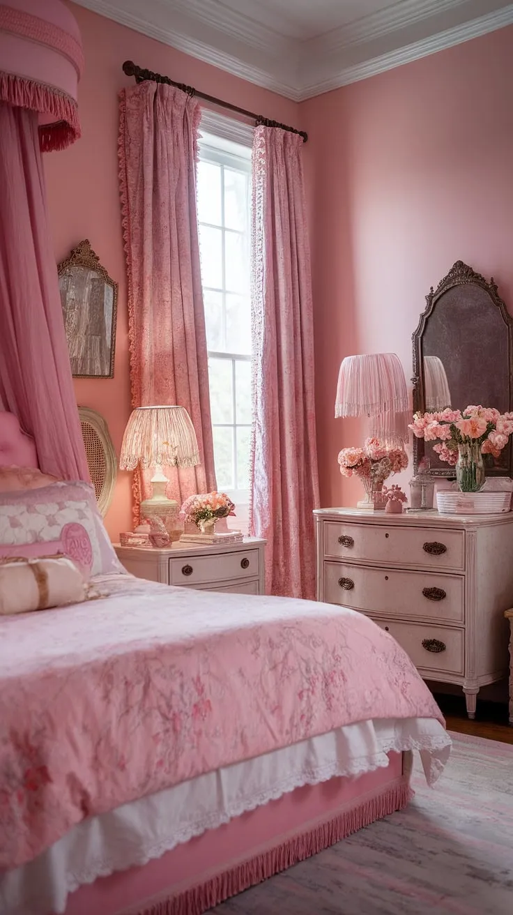 Lost in the dreamy romance of a bygone era. This shabby chic bedroom, with its rose-tinted walls and vintage treasures, whispers tales of elegance and nostalgia. The high ceilings and delicate details transport you to a time of whispered secrets and gentle dreams. A perfect haven for a modern princess.