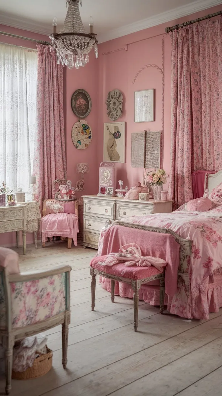 Lost in the enchanting details of this vintage-inspired bedroom. The soft pink hues, floral patterns, and antique furniture create a truly feminine and captivating atmosphere. Every piece tells a story, from the delicate lace at the window to the ornate chandelier hanging above. A haven of tranquility and old-world charm, this room is a testament to the beauty of timeworn elegance.
