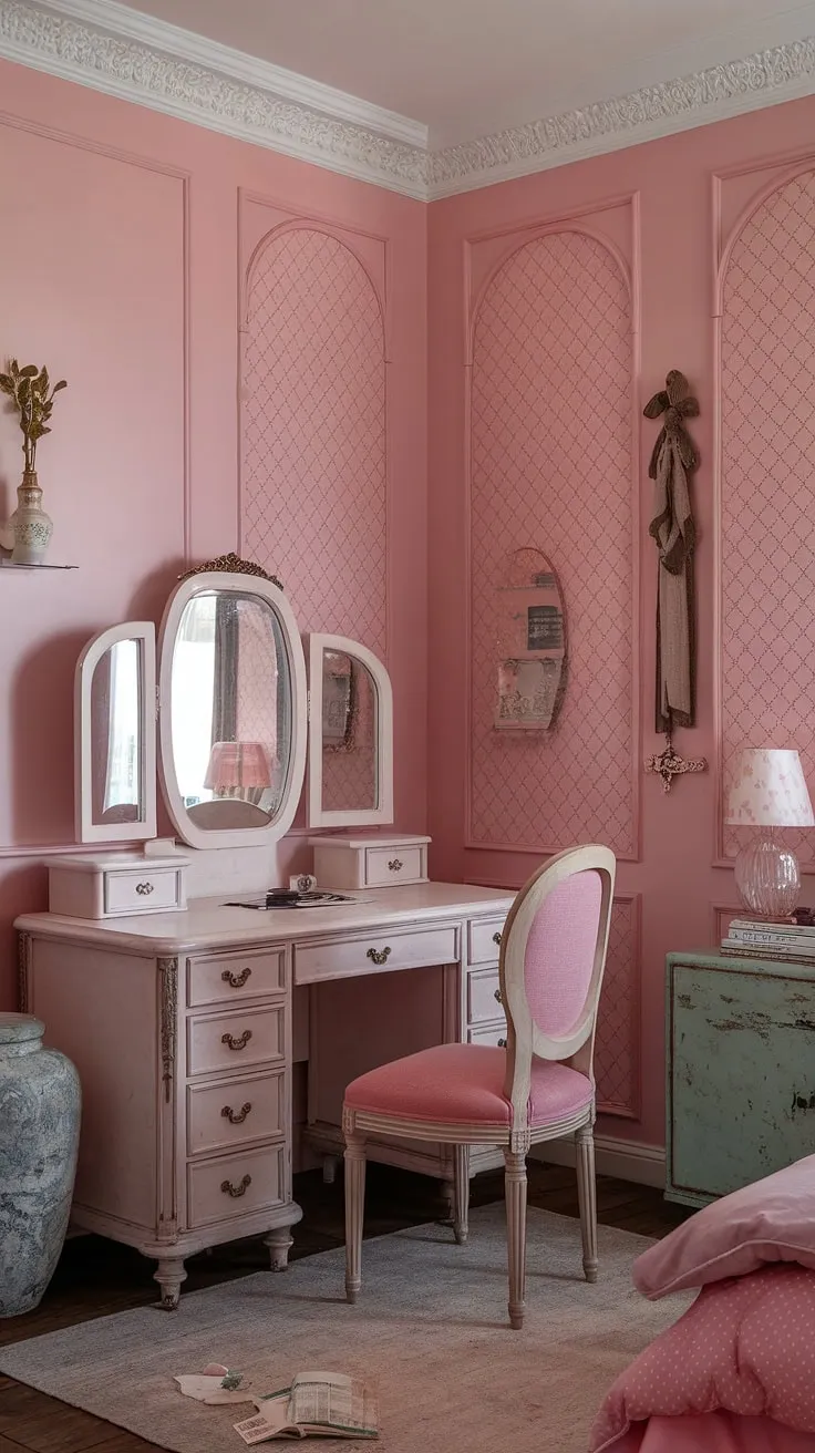 Step into a world of delicate beauty and vintage charm. This shabby chic regency-inspired bedroom, painted in a soft blush pink, is a dream come true for any grand millennial. The intricate wall patterns and antique vanity create a space that's both elegant and inviting, a perfect blend of old-world romance and modern sensibilities. A truly captivating escape.