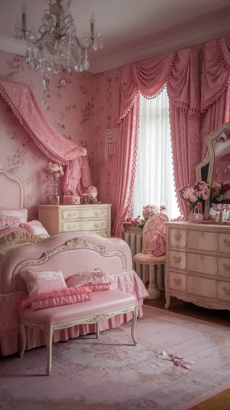 Step into a world of whispered secrets and delicate beauty. This shabby chic bedroom, a haven of pink floral patterns, lace, and ruffled details, is the epitome of feminine charm. Vintage furniture and a sparkling chandelier complete the dreamy, grand millennial aesthetic. A truly enchanting space.