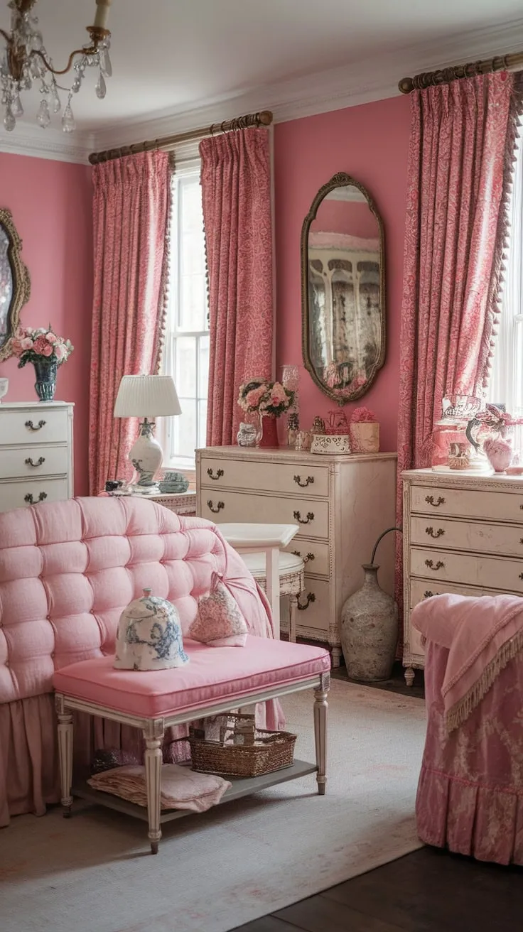 Lost in the delicate details of this shabby chic bedroom. A symphony of soft pinks and creamy whites, adorned with antique treasures and vintage flourishes, creates an atmosphere of serene beauty. A sanctuary of tranquility and timeless style.