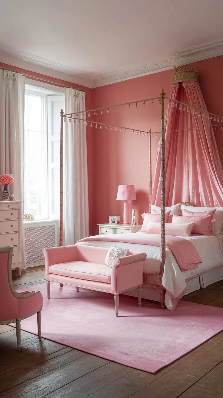 This shabby chic sanctuary whispers tales of bygone eras, yet feels utterly contemporary. The delicate pink hues, the grand four-poster bed, and the carefully curated vintage accents create a space that's both romantic and effortlessly stylish. A perfect blend of old-world elegance and modern sensibilities.