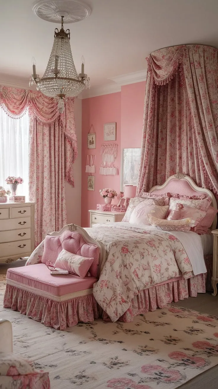 Lost in the loveliness of this shabby chic retreat. A symphony of pink and white, antique furniture, and floral details creates an undeniably feminine and girly atmosphere. The gentle light filtering through the curtains, the ornate chandelier, and the plush rug all contribute to the room's undeniable charm. A truly enchanting space.