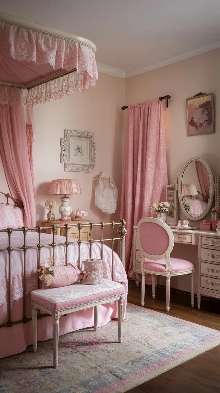 Lost in the lace and whispers of a bygone era, this bedroom is a testament to the enduring charm of shabby chic. A vintage dressing table, a delicate canopy bed, and soft pink hues create a space that's both romantic and utterly inviting. A truly dreamy escape, filled with feminine details and a sense of quiet tranquility. A place to lose yourself in the beauty of simpler times.