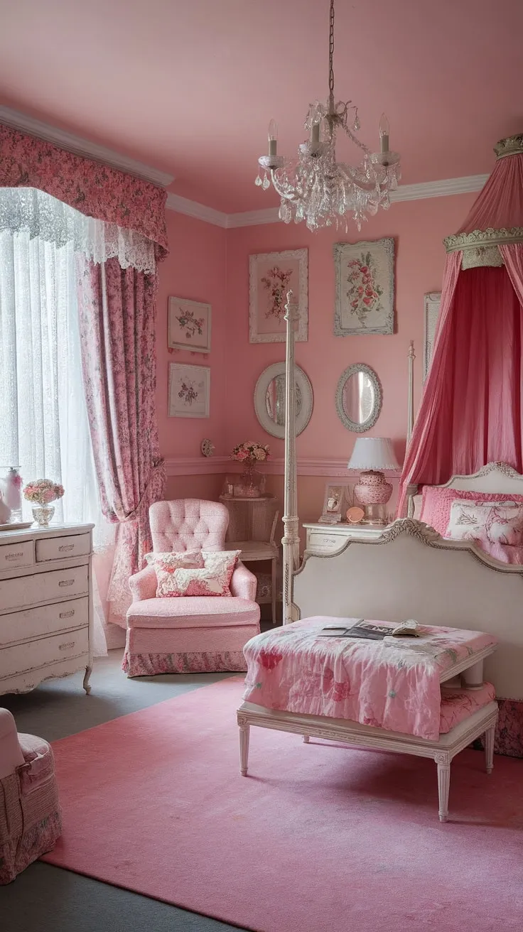Lost in the loveliness of this pink paradise. Every detail, from the ornate chandelier to the vintage artwork in white frames, whispers tales of bygone eras. The delicate floral prints and lace curtains add a touch of feminine grace, creating a bedroom that's both dreamy and utterly captivating. A truly inspiring space.