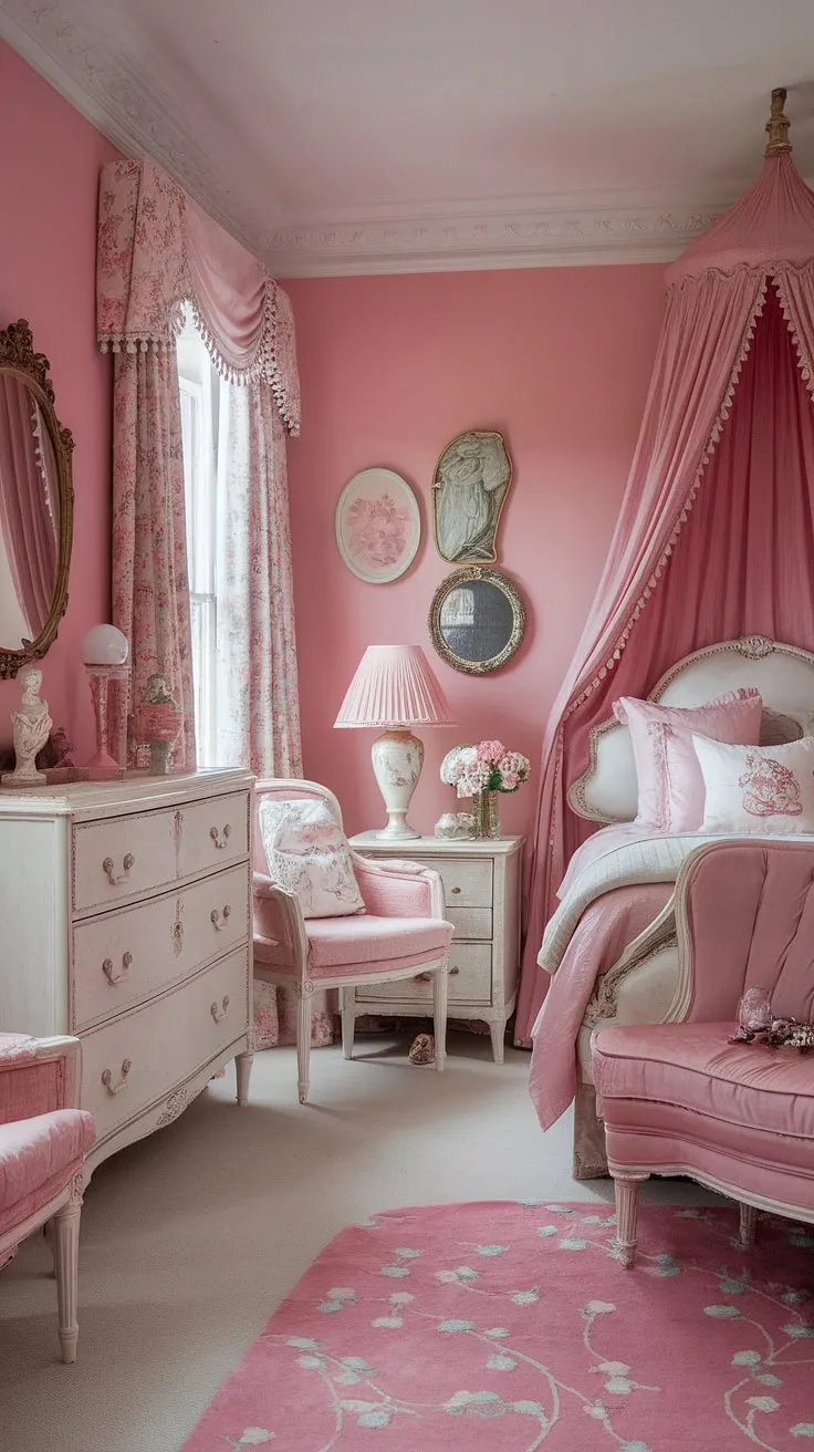Lost in the enchanting details of this regency-inspired bedroom. The shabby chic furniture, soft pink palette, and carefully curated vintage pieces create a truly captivating grand millennial sanctuary. A perfect blend of old-world romance and contemporary grace.