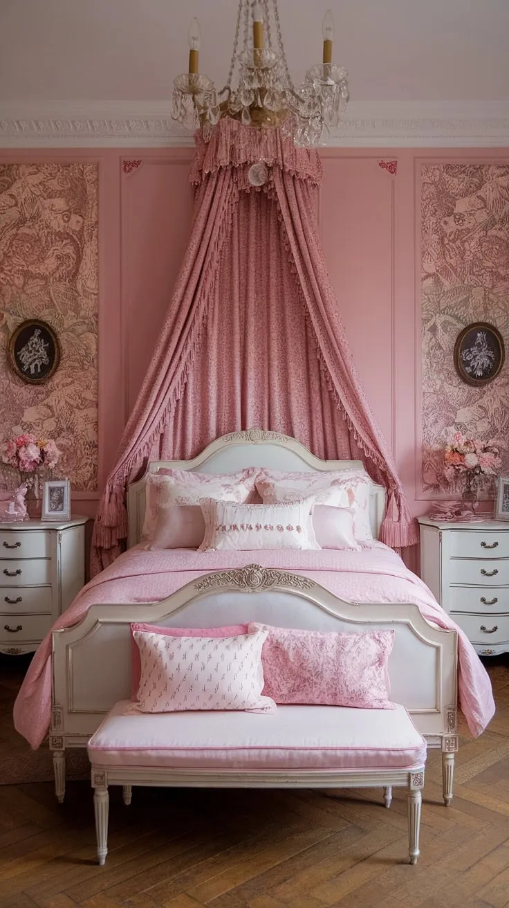 A haven of delicate beauty: This vintage-inspired bedroom is a testament to refined taste. The regency aesthetic, combined with a grand millennial sensibility, results in a space that is both sophisticated and utterly dreamy. The soft pink palette and carefully curated details create a truly captivating retreat.