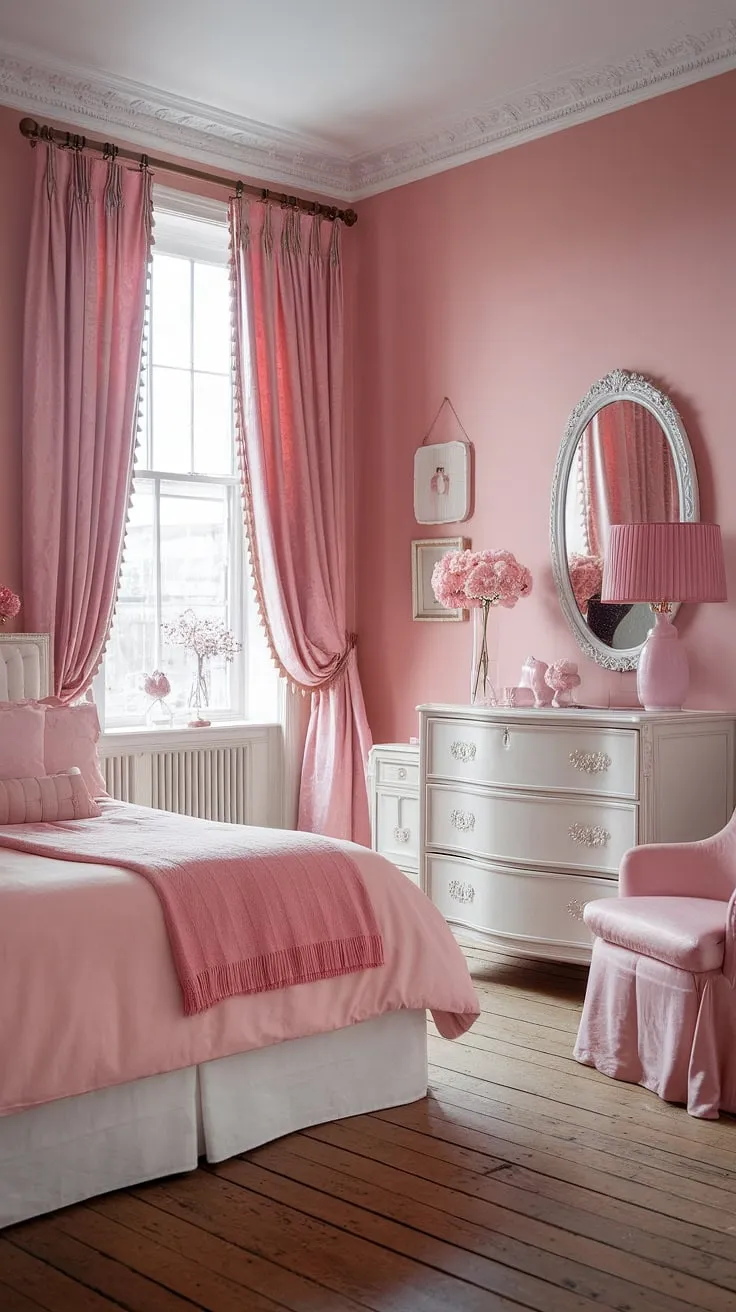 Soft pink walls and delicate details create a dreamy escape in this shabby chic bedroom. The regency-inspired furniture and grand millennial touches blend seamlessly, resulting in a space that's both elegant and effortlessly charming. A perfect haven for quiet contemplation and sweet dreams.