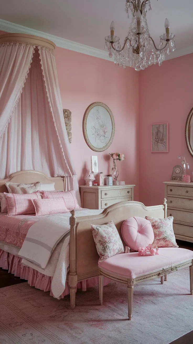 Step into a dream: This shabby chic bedroom, painted in softest pink, whispers tales of Regency elegance with a touch of girly charm. The vintage furniture, delicate canopy bed, and sparkling chandelier create a haven of feminine grace. A perfect blend of old-world romance and modern comfort.