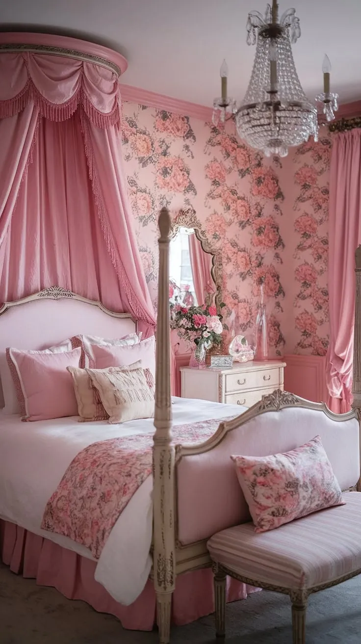 Lost in the dreamy details of this pink and white haven. Every corner whispers a story of bygone eras, from the ornate chandelier to the lovingly curated antique furniture. This bedroom is more than just a space; it's a sanctuary of feminine grace and romantic nostalgia. A true escape.