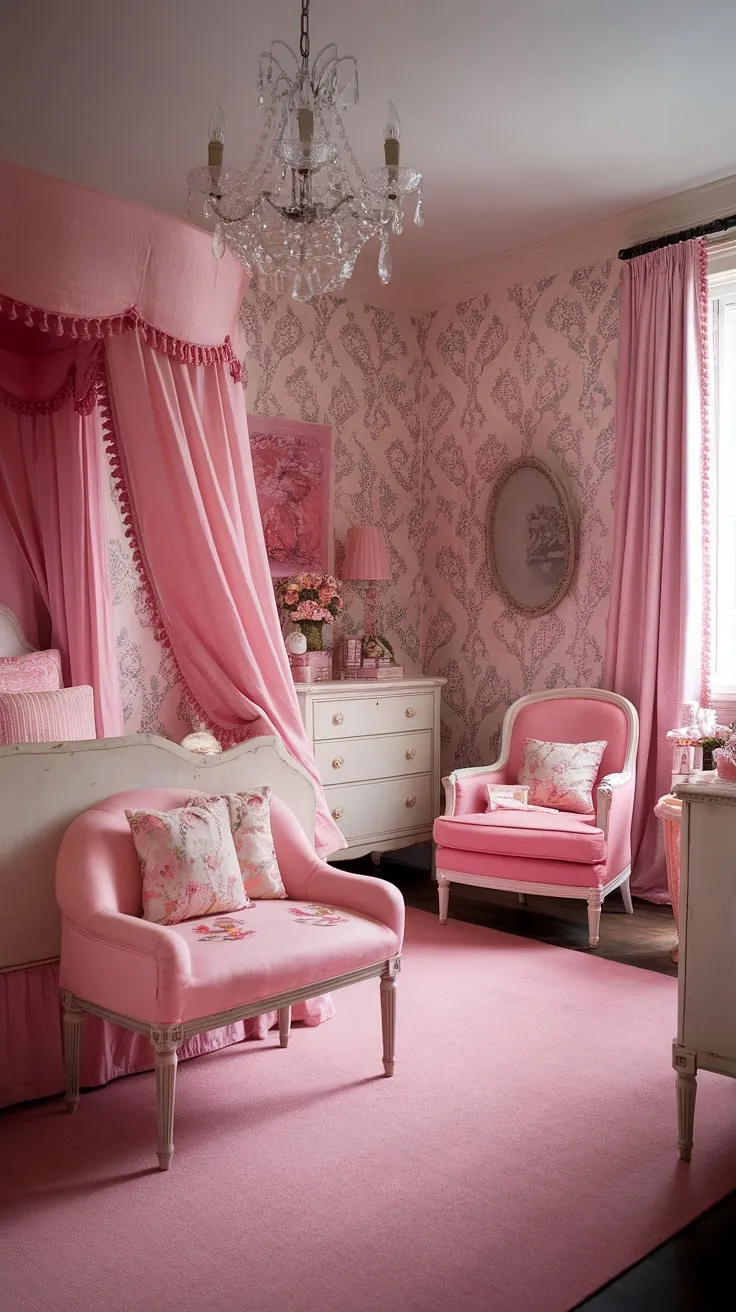 Step into a world of delicate charm and vintage romance. This shabby chic bedroom, with its regency-style bed, pink accents, and floral wallpaper, is a dreamy escape. The soft pink hues and intricate details create a space that's both elegant and inviting. A perfect haven for quiet contemplation and sweet dreams.