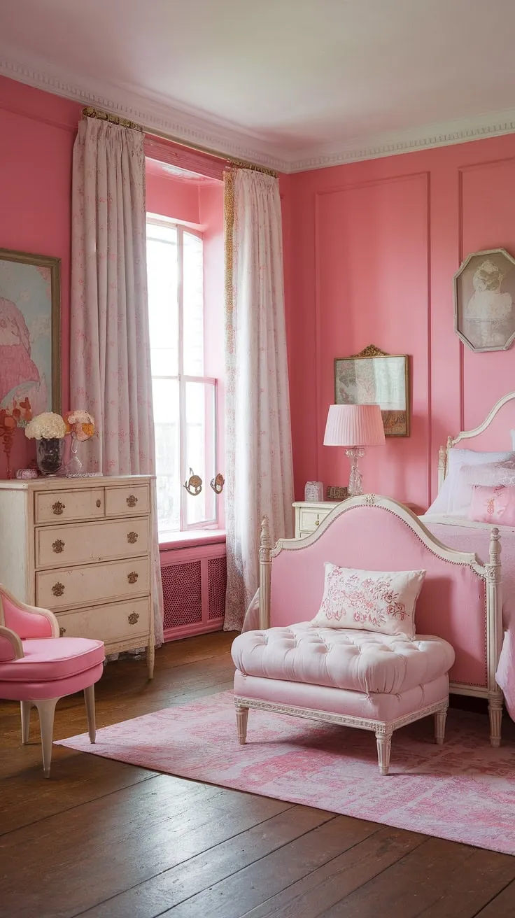 This shabby chic bedroom is a delightful escape, blending the elegance of the Regency era with a touch of modern girly charm. The soft pink hues, vintage furniture, and ample natural light create a serene atmosphere, perfect for relaxation and sweet dreams. A truly enchanting space.